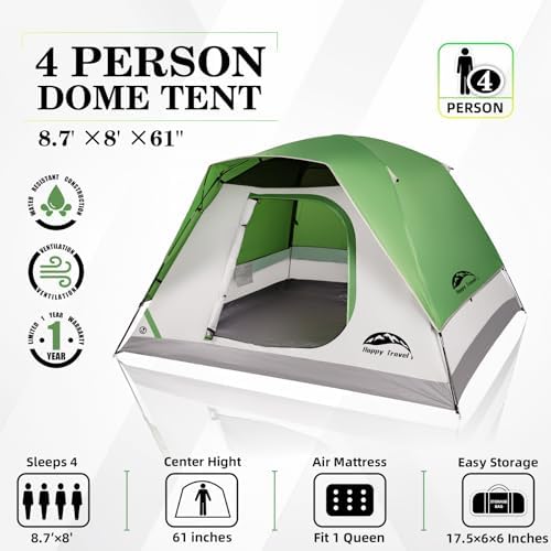 Happy Travel Camping Tent, 4/6 Person Dome Tents for Camping with Rainfly, Waterproof Clip Easy Setup Portable Family Tent with Mesh Windows, 20% More Headroom Backpacking Tents for Camping & Hiking - Image 2